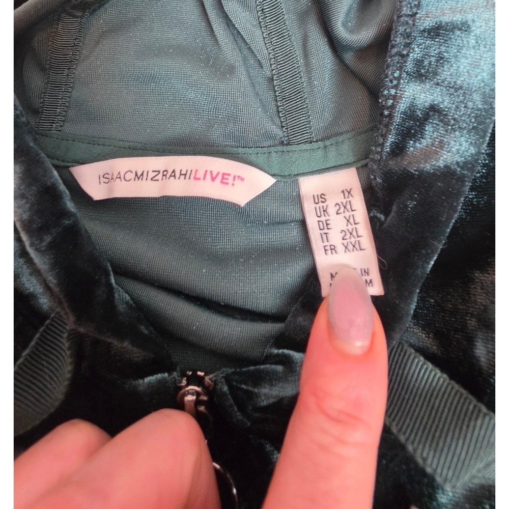Isaac Mizrahi Live Teal Crushed Velvet Peplum Hoodie Zip Cardigan Whimsigoth 1X - Picture 3 of 5